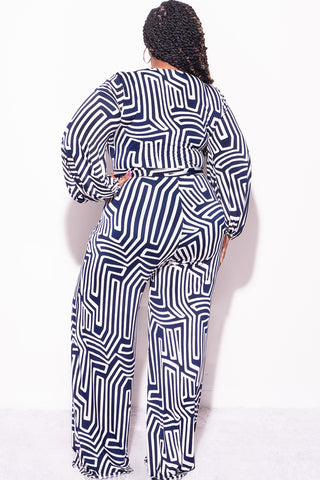 Final Sale Plus Size Faux Wrap Jumpsuit with Tie in Navy and White Design Print