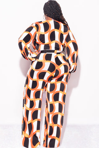 Final Sale Plus Deep V Size Long Sleeve Jumpsuit with Tie in Orange & Ivory Design Print