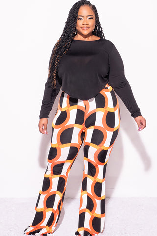 Final Sale Plus Size 2pc Black Long Sleeve Faux Wrap Collar Crop Tie Top and Pants in Orange & Ivory Design Print