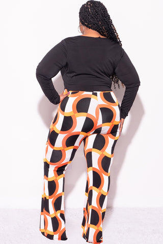 Final Sale Plus Size 2pc Black Long Sleeve Faux Wrap Collar Crop Tie Top and Pants in Orange & Ivory Design Print