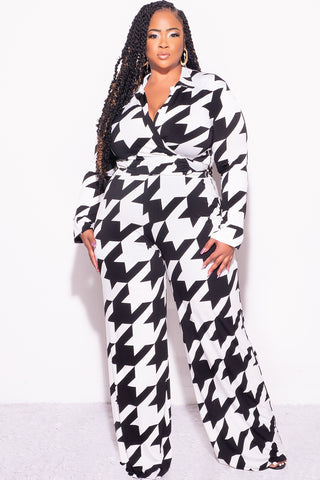 Final Sale Plus Size 2pc Collar Crop Faux Wrap Tie Top and Pants Set in Black & Off White Houndstooth Print