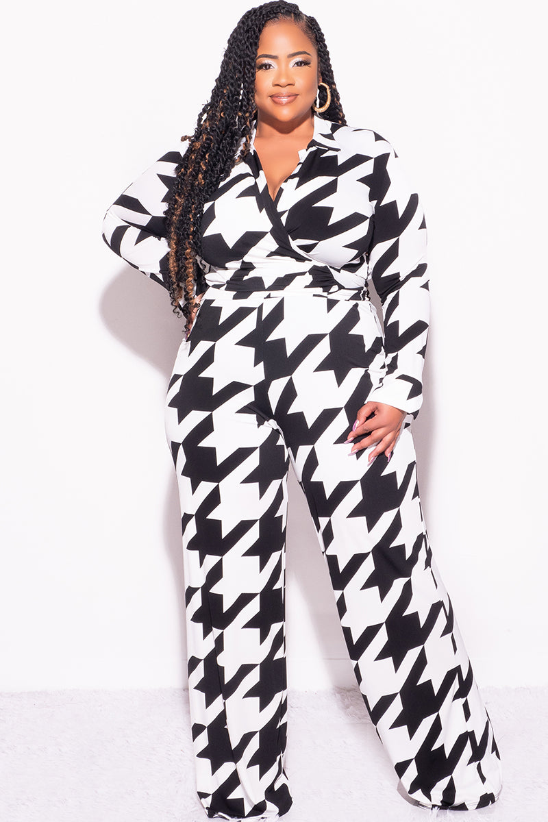 Final Sale Plus Size 2pc Collar Crop Faux Wrap Tie Top and Pants Set in Black & Off White Houndstooth Print