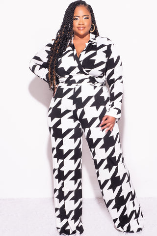 Final Sale Plus Size 2pc Collar Crop Faux Wrap Tie Top and Pants Set in Black & Off White Houndstooth Print
