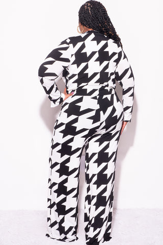 Final Sale Plus Size 2pc Collar Crop Faux Wrap Tie Top and Pants Set in Black & Off White Houndstooth Print