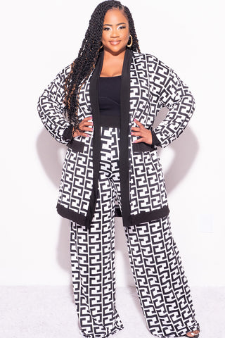 Final Sale Plus Size Flocked Plaid 3pc Triangle Top, Maxi Cardigan and Pants Set in Black and White Maze Print