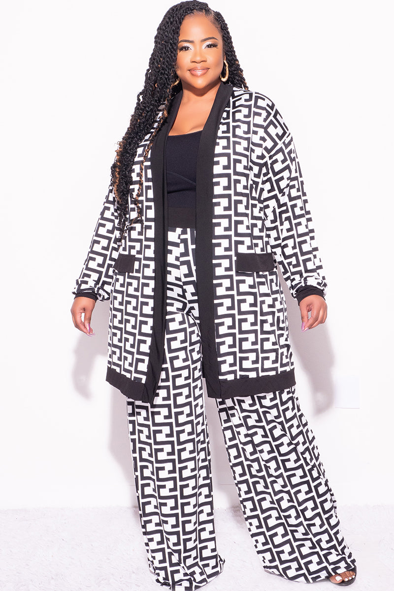 Final Sale Plus Size Flocked Plaid 3pc Triangle Top, Maxi Cardigan and Pants Set in Black and White Maze Print
