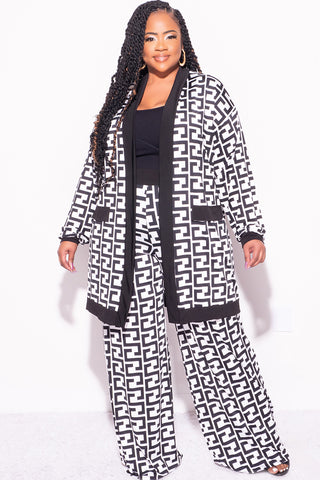 Final Sale Plus Size Flocked Plaid 3pc Triangle Top, Maxi Cardigan and Pants Set in Black and White Maze Print