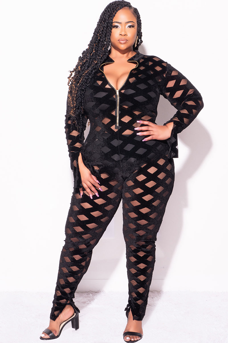 Final Sale Plus Size Sheer Zip-Up Bodycon Jumpsuit in Trellis Design in Black