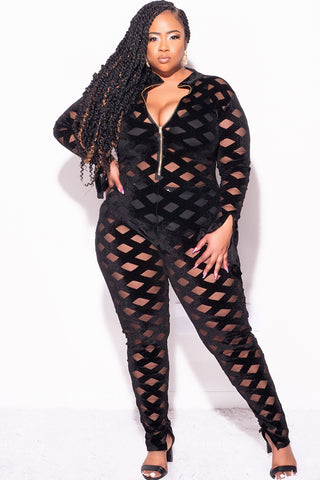 Final Sale Plus Size Sheer Zip-Up Bodycon Jumpsuit in Trellis Design in Black