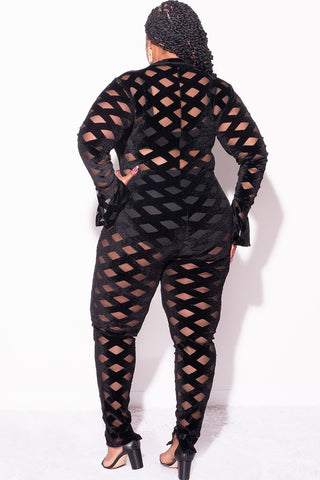 Final Sale Plus Size Sheer Zip-Up Bodycon Jumpsuit in Trellis Design in Black