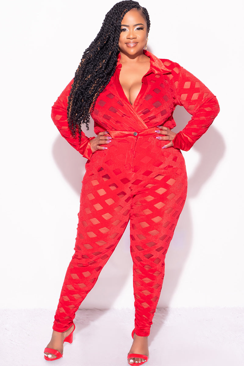 Final Sale Plus Size 2Pc Velvet Pants & Long Sleeve Bodysuit in Red