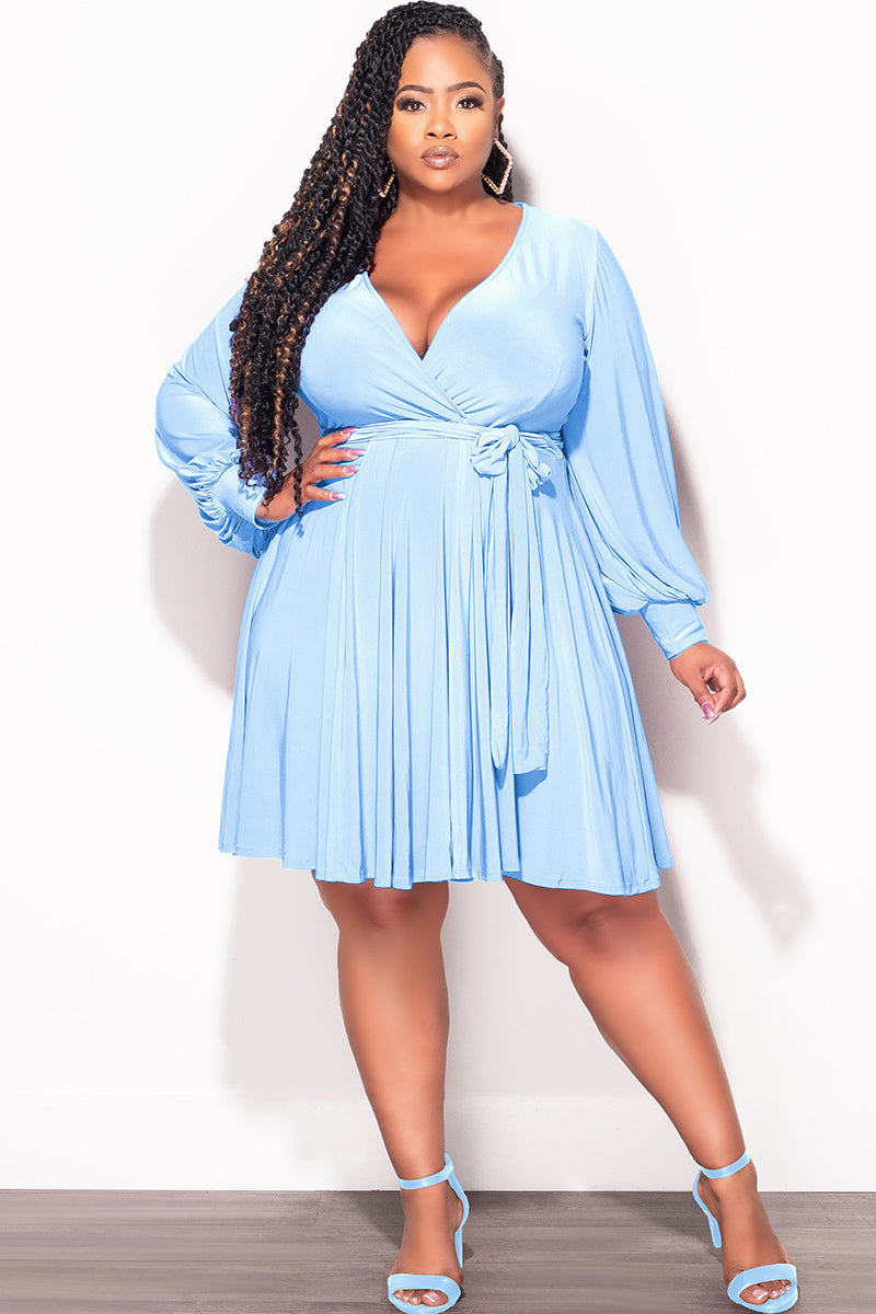 Final Sale Plus Size Long Sleeve Faux Wrap Skater Dress in Baby