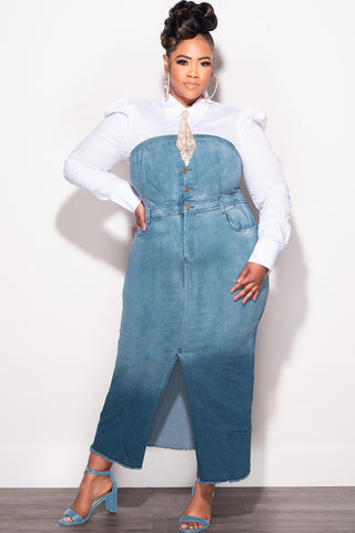 Final Sale Plus Size Color Block Strapless Button Up Dress with Front Slit in Light Denim and Dark Denim