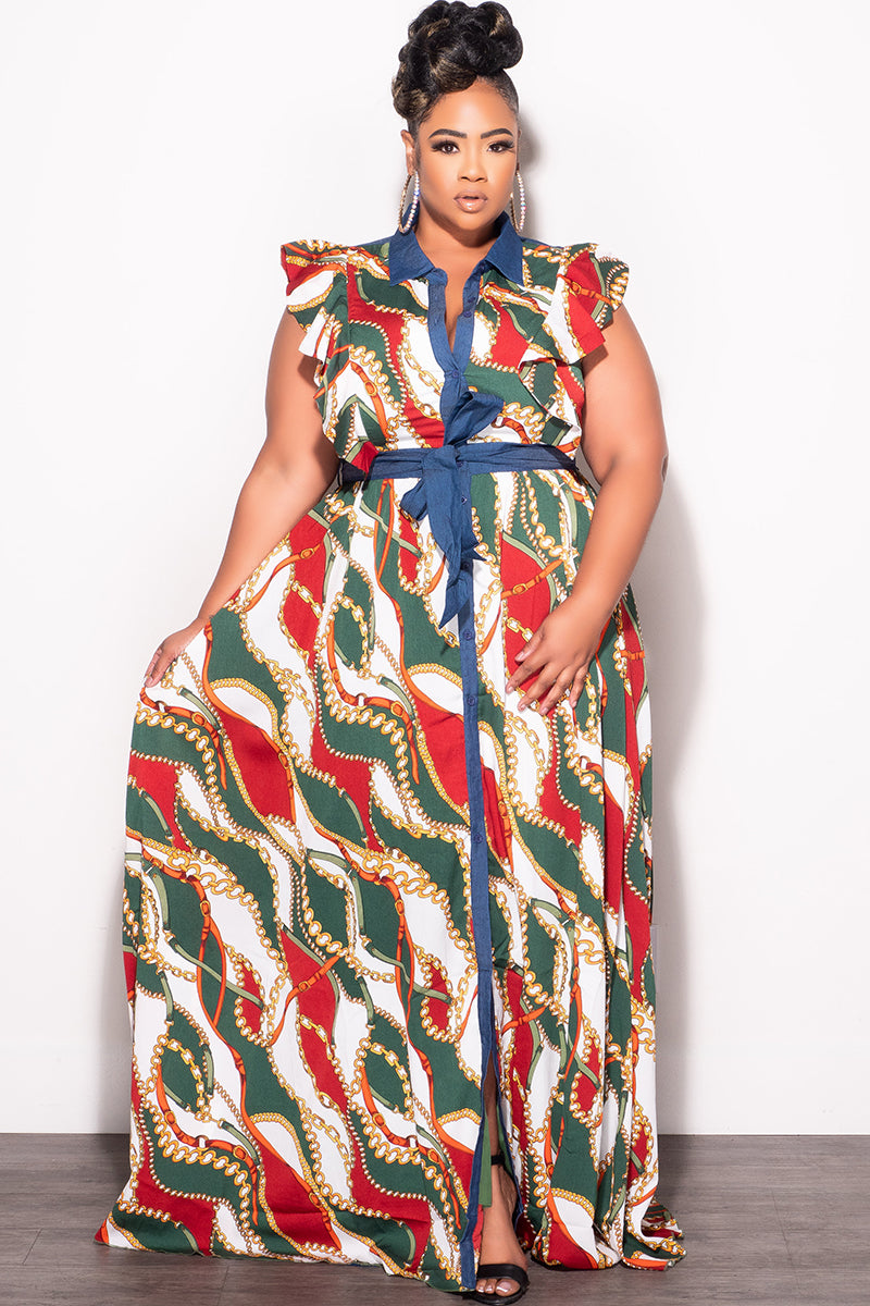 Final Sale Plus Size Tie Maxi Dress in Wine & Green Chain Print Chambr Chic And Curvy Final Sale Plus Size Tie Maxi Dress in Wine & Green Chain Print Chambr Chic And Curvy