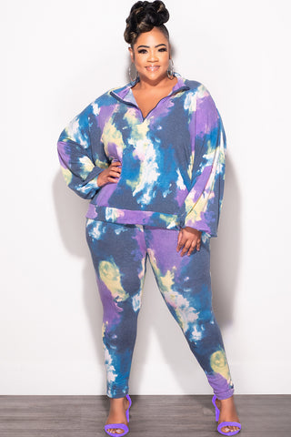 Final Sale Plus Size 2-Piece Set Long Sleeve Top & Pants in Purple & Yellow Tie Dye