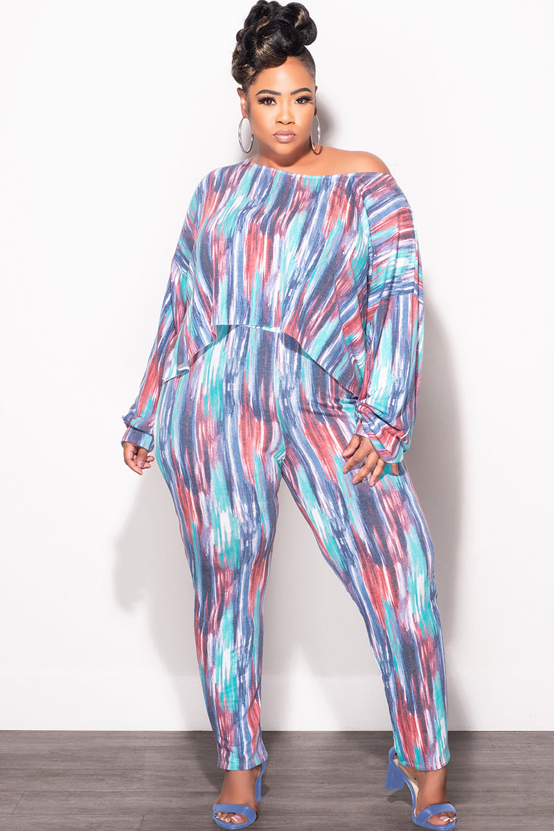 Final Sale Plus Size 2 pc Set Top & Pants in Purple / Mauve Multi-Color Print