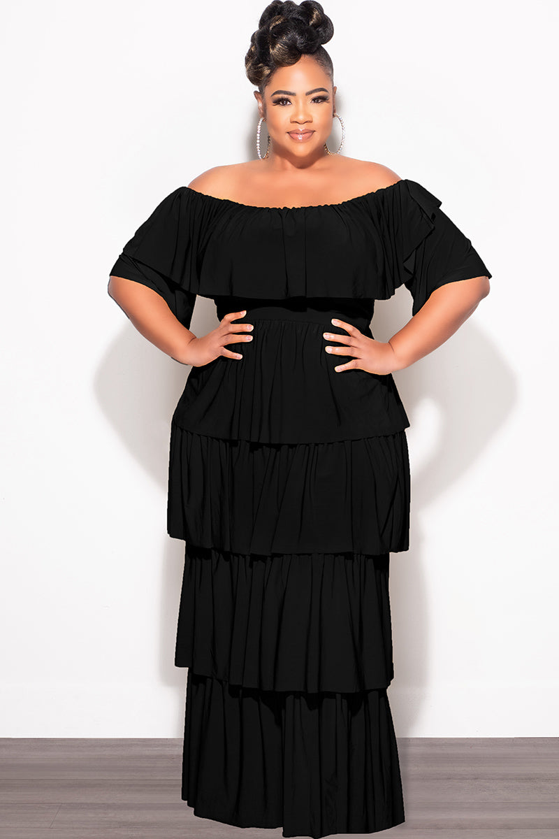 Final Sale Plus Size 2pc Ruffle Tiered Off The Shoulder Crop Top Maxi Skirt Set in Black - 1x 14/16 Final Sale Plus Size 2pc Ruffle Tiered Off The Shoulder Crop Top Maxi Skirt Set in Black - 1x 14/16