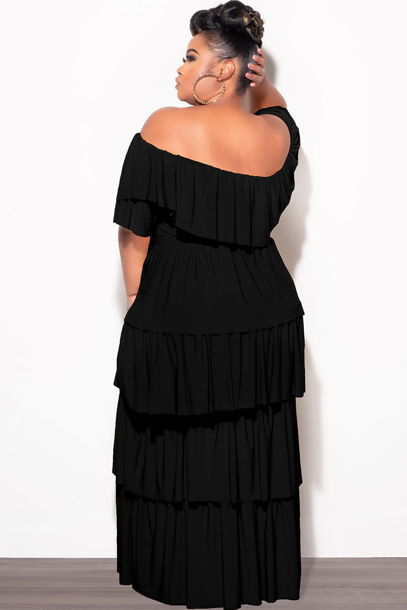 Final Sale Plus Size 2pc Ruffle Tiered Off The Shoulder Crop Top Maxi Skirt Set in Black - 1x 14/16 Final Sale Plus Size 2pc Ruffle Tiered Off The Shoulder Crop Top Maxi Skirt Set in Black - 1x 14/16