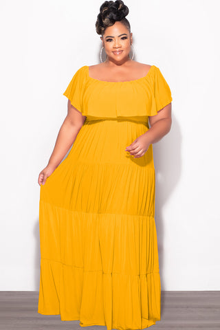 Final Sale Plus Size Off The Shoulder Tiered Maxi Dress in Mustard