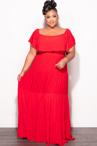 Final Sale Plus Size Off The Shoulder Tiered Maxi Dress in Red Chic And Curvy Final Sale Plus Size Off The Shoulder Tiered Maxi Dress in Red Chic And Curvy