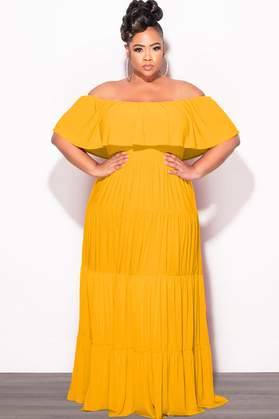 Final Sale Plus Size Off The Shoulder Tiered Maxi Dress in Mustard – Chic And Curvy