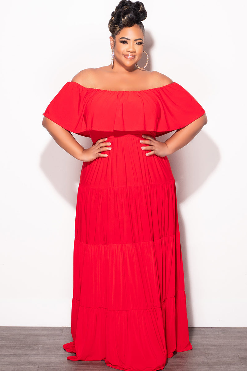 Final Sale Plus Size Off The Shoulder Tiered Maxi Dress in Red – Chic And Curvy