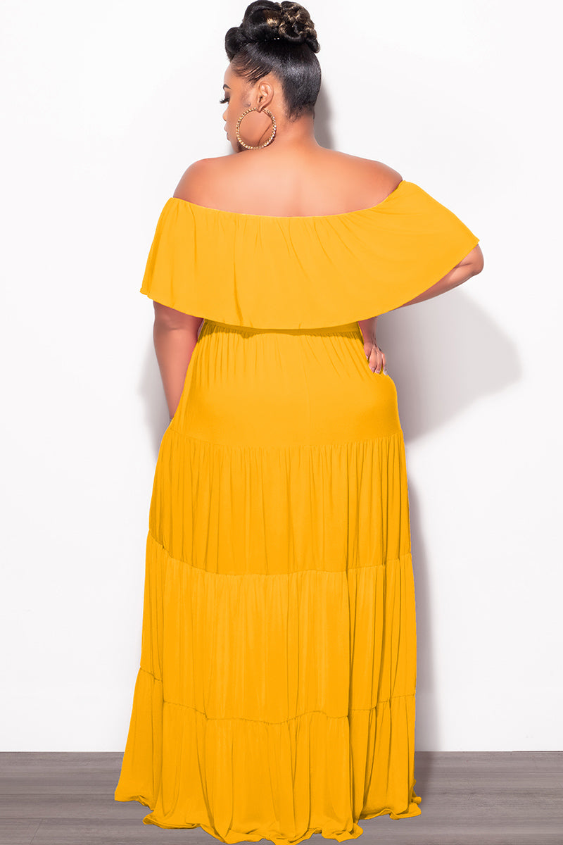 Final Sale Plus Size Off The Shoulder Tiered Maxi Dress in Mustard