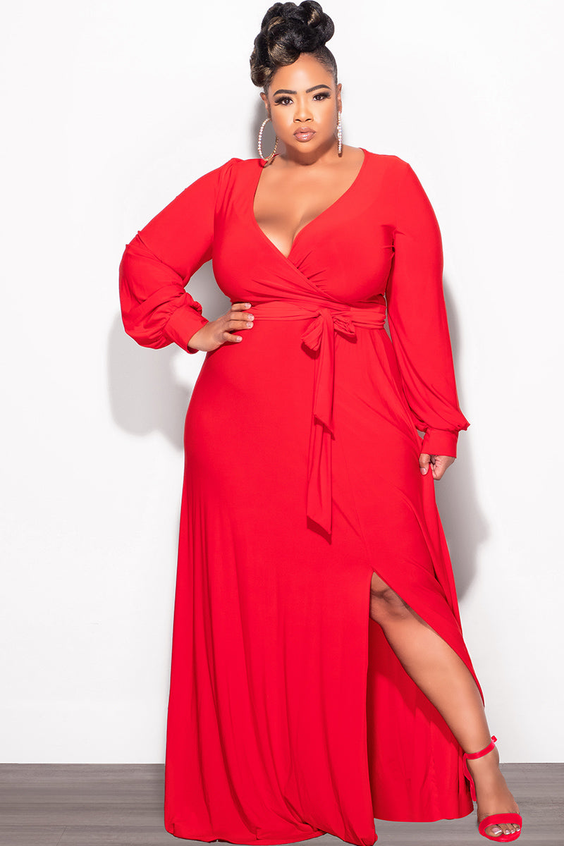 Final Sale Plus Size Faux Wrap Maxi Dress with Side Slit in Red