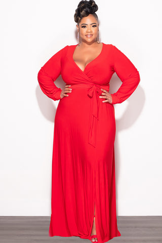 Final Sale Plus Size Faux Wrap Maxi Dress with Side Slit in Red