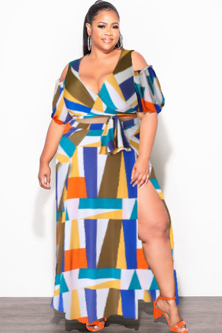 Final Sale Plus Size 2pc Faux Wrap Crop Tie Top and Double Slit Skirt Set in Multi Color Design Print