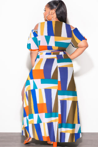 Final Sale Plus Size 2pc Faux Wrap Crop Tie Top and Double Slit Skirt Set in Multi Color Design Print