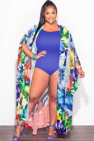 Final Sale Plus Size Chiffon Duster With Wrist Cuff in Multi-Color Palm Print