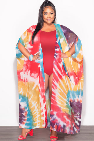 Final Sale Plus Size Chiffon Duster With Wrist Cuff in Red /Purple Multi Tie Dye