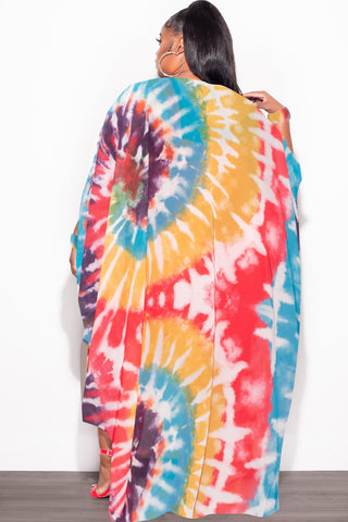 Final Sale Plus Size Chiffon Duster With Wrist Cuff in Red /Purple Multi Tie Dye