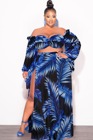 Final Sale Plus Size 3pc Playsuit Set in Royal Blue Tropical Palm Print