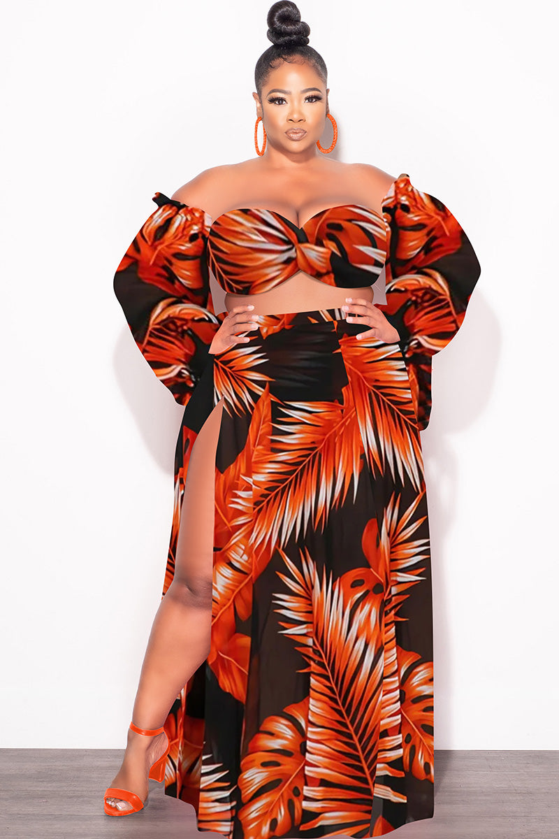 Final Sale Plus Size 3pc Playsuit Set in Burnt Orange Tropical Palm Print