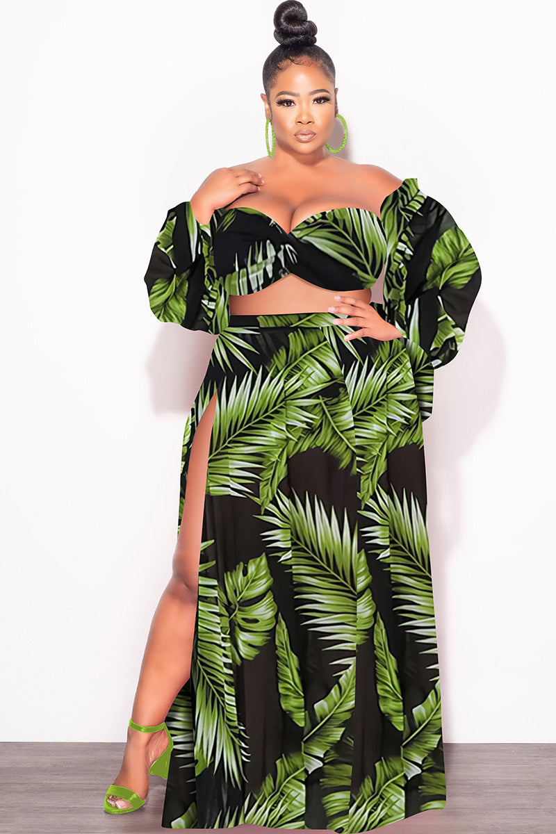 Final Sale Plus Size 3pc Playsuit Set in Navy with Olive Tropical Palm Print