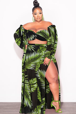 Final Sale Plus Size 3pc Playsuit Set in Navy with Olive Tropical Palm Print