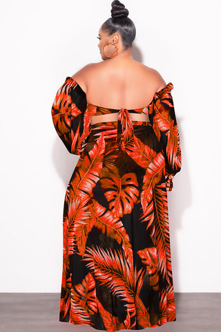 Final Sale Plus Size 3pc Playsuit Set in Burnt Orange Tropical Palm Print