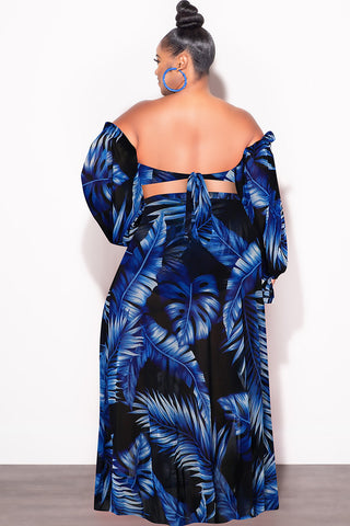 Final Sale Plus Size 3pc Playsuit Set in Royal Blue Tropical Palm Print
