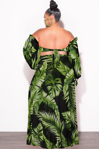 Final Sale Plus Size 3pc Playsuit Set in Navy with Olive Tropical Palm Print