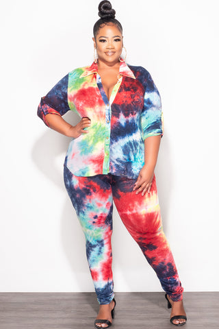 Final Sale Plus Size 2-Piece Button Up Collar Top and Pants Set in Multi Color Tie Dye Print