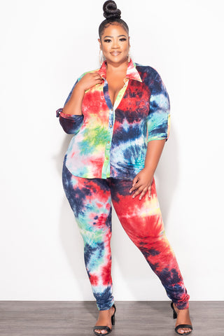 Final Sale Plus Size 2-Piece Button Up Collar Top and Pants Set in Multi Color Tie Dye Print
