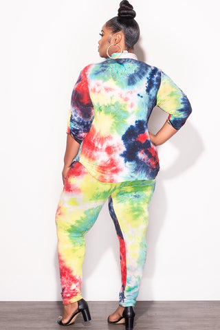 Final Sale Plus Size 2-Piece Button Up Collar Top and Pants Set in Multi Color Tie Dye Print