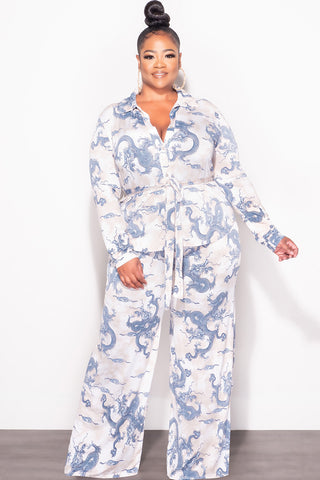 Final Sale Plus Size 2pc Button Up Collar Top and Pants Set in Blue and Tan