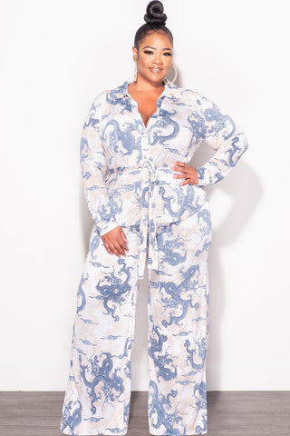 Final Sale Plus Size 2pc Button Up Collar Top and Pants Set in Blue and Tan