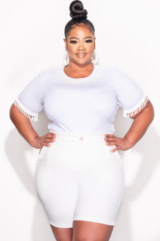 Final Sale Plus Size 2pc Set Pearl Studded Top & Shorts in Ivory