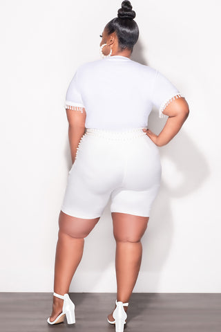 Final Sale Plus Size 2pc Set Pearl Studded Top & Shorts in Ivory