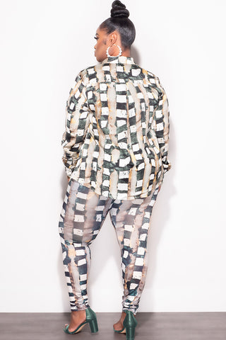 Final Sale Plus Size 2pc Button Up Collar Satin Top and Pants Set in Olive Multi Color Square Print