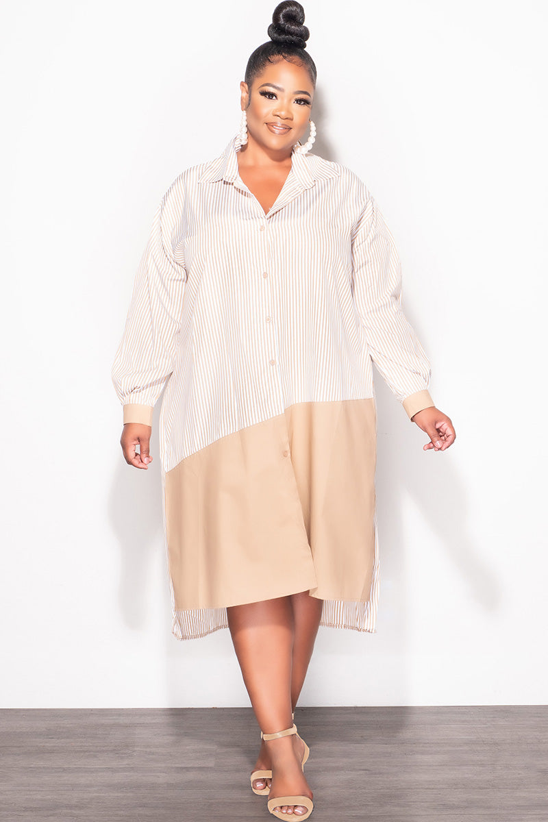 Final Sale Plus Size Collar Button Up Shirt Dress in White and Tan Final Sale Plus Size Collar Button Up Shirt Dress in White and Tan
